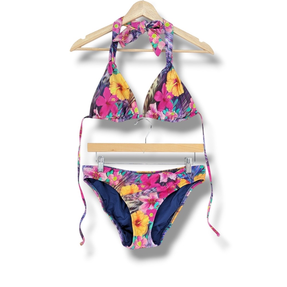 Nanette Lepore Tropical Floral Halter Triangle Bikini Set Purple Pink Large